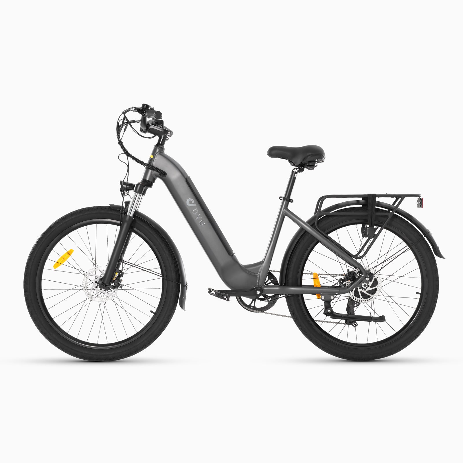 Grey DYU C1 26 Inch City Electric Bike with front suspension and comfortable seat.