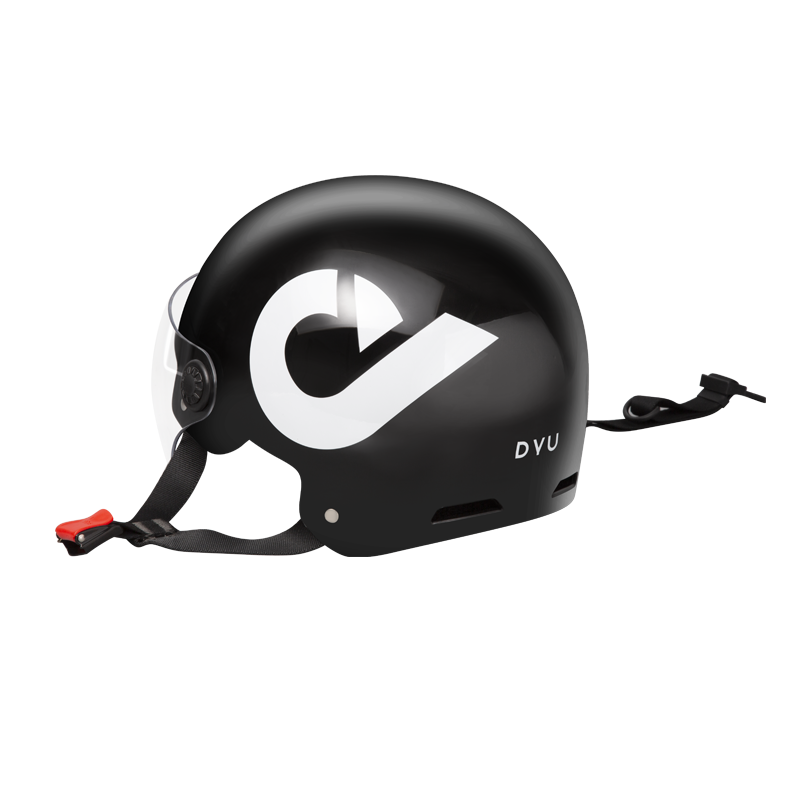 Black DYU electric bike helmet with a large white logo and adjustable side straps.