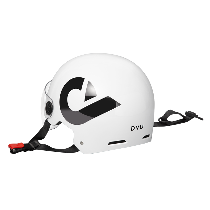 Sleek white DYU electric bike helmet with bold logo and adjustable straps.