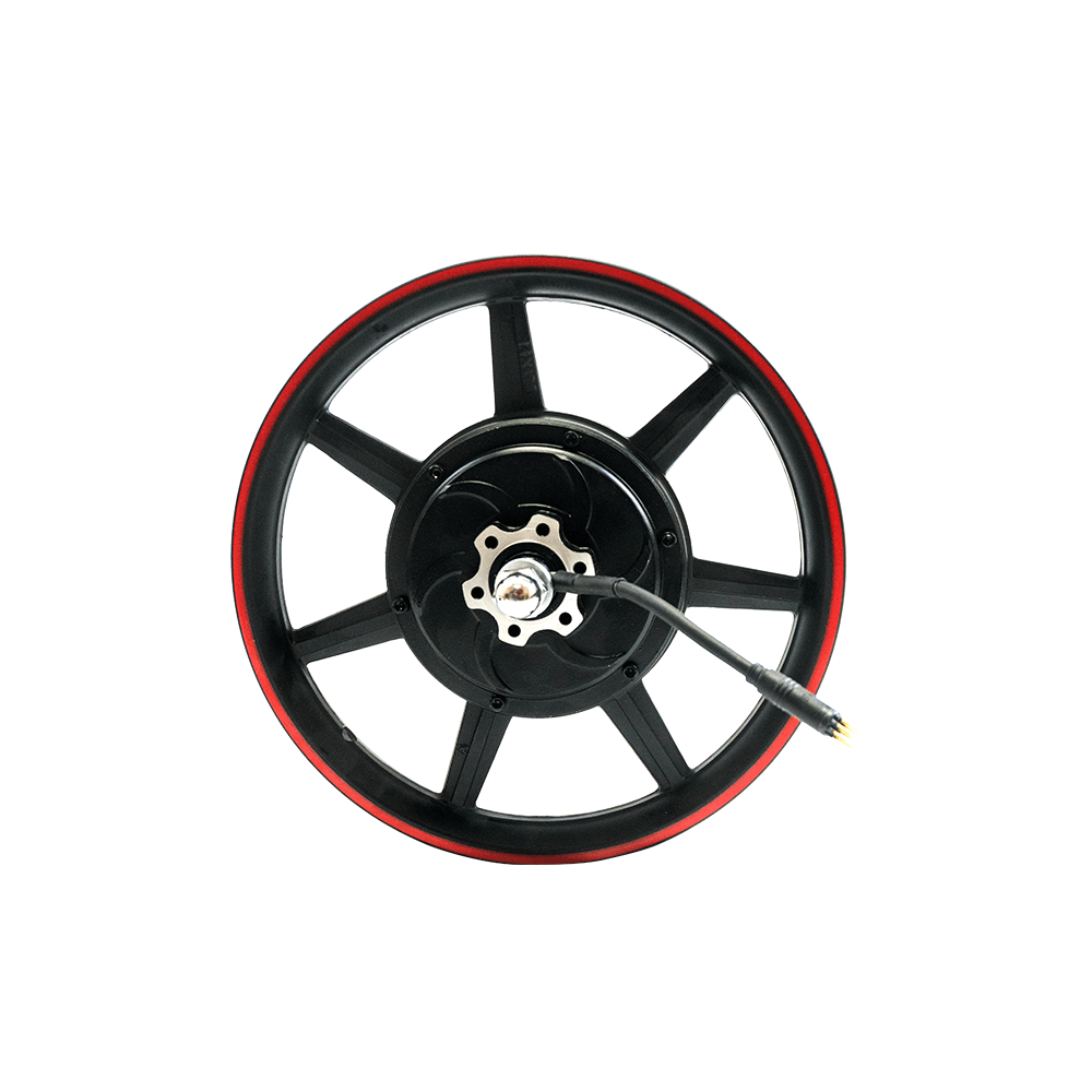 Close-up of DYU electric bike wheel with stylish red rim and hub motor.